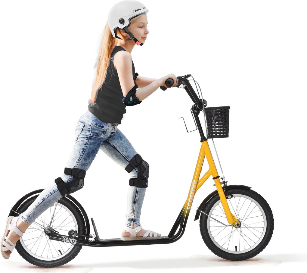 HOMCOM Hulajnoga dziecięca, regulowana, antypoślizgowa, stalowa rama, koszyk zdejmowany, hamulce, opony gumowe