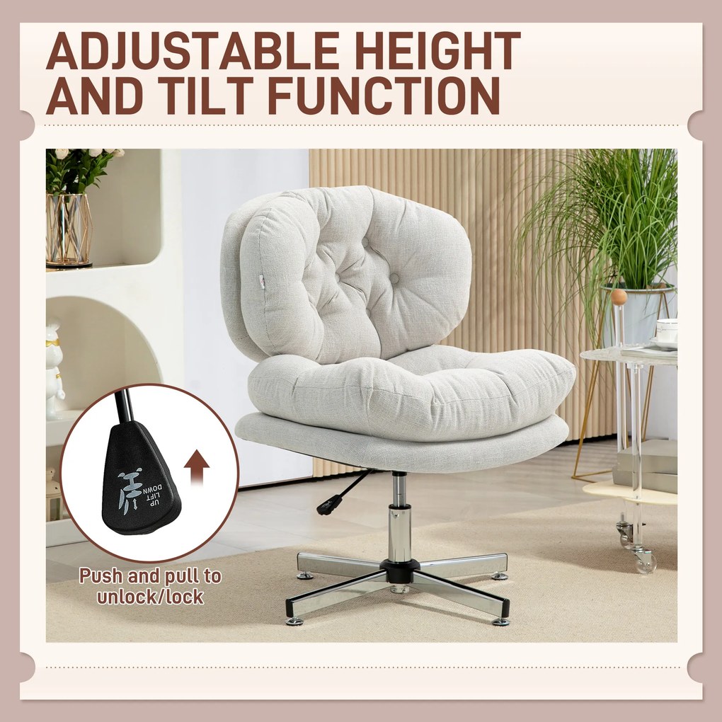 HOMCOM Krzesło biurowe bez podłokietników, wygodne biurowe krzesło z pikowanym siedziskiem i regulowaną wysokością, Kremowy