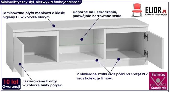 Minimalistyczna komoda RTV Verta 5X 140 cm - biały połysk