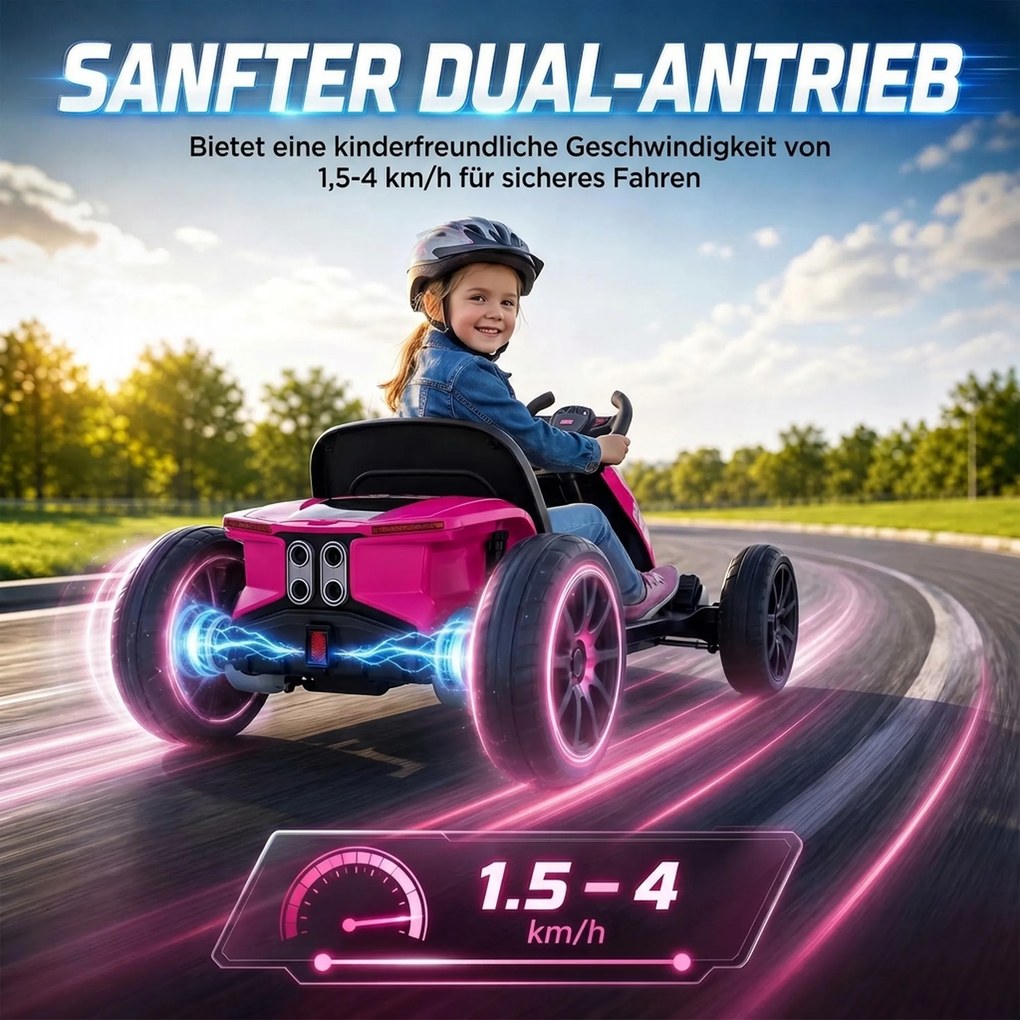 AIYAPLAY Elektryczny Go-Kart dla dzieci 12V z 2 silnikami, 4-fach verstellbarem Sitz, łagodny start, EVA -koła, LED -reflektory | Aosom PL