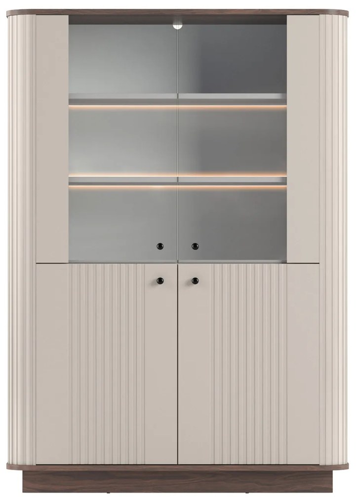 Witryna Vesper 103 cm czterodrzwiowa na cokole - kaszmir / orzech / czarne uchwyty