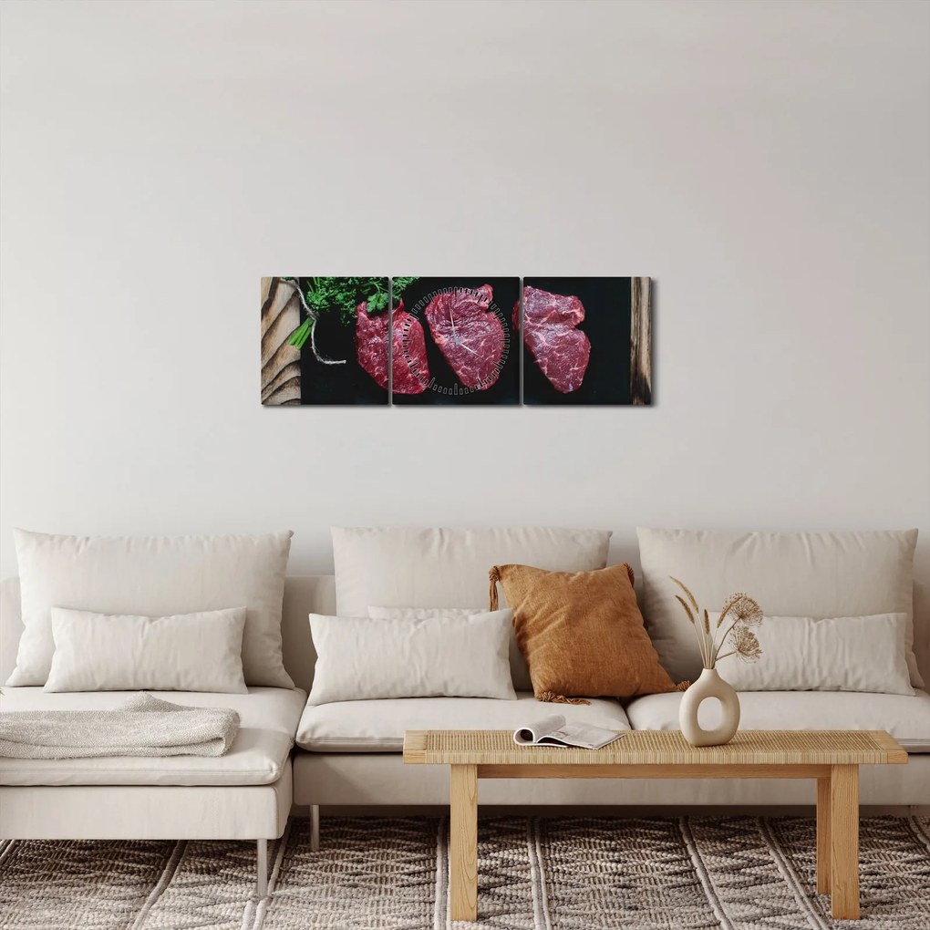 Obraz mięsa na talerzu (z zegarem) (90x30 cm)