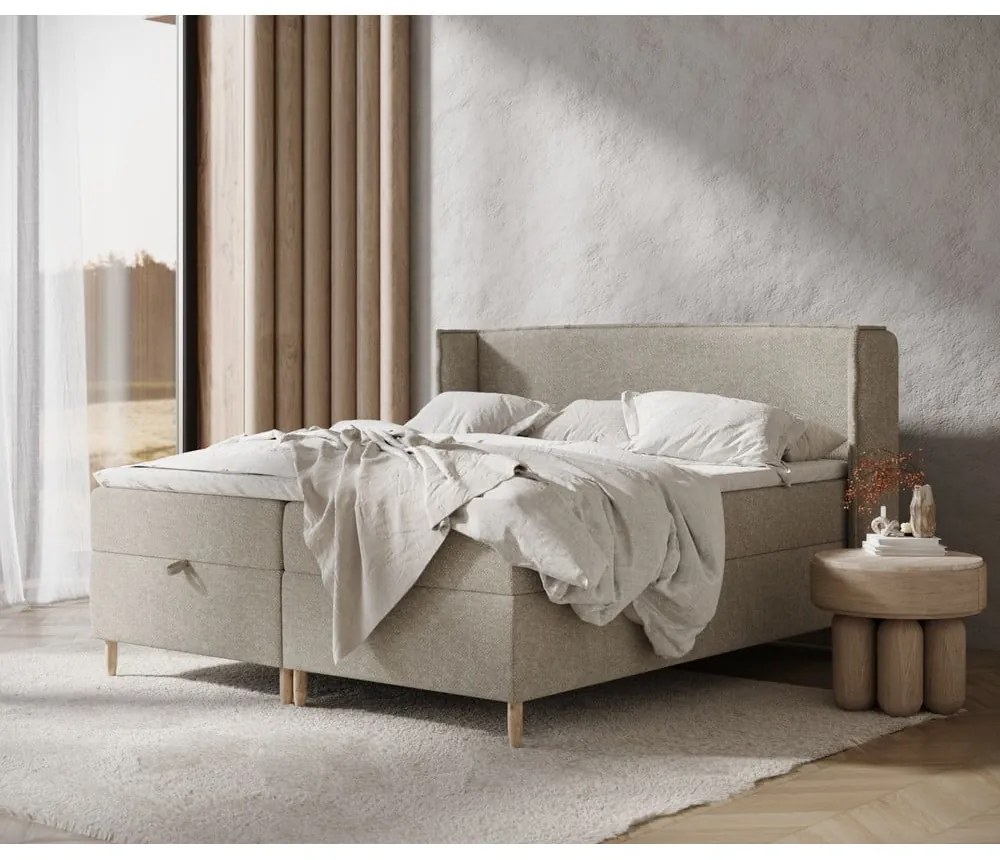 Jasnoszare łóżko boxspring ze schowkiem 200x200 cm Monpelli – Maison de Rêve