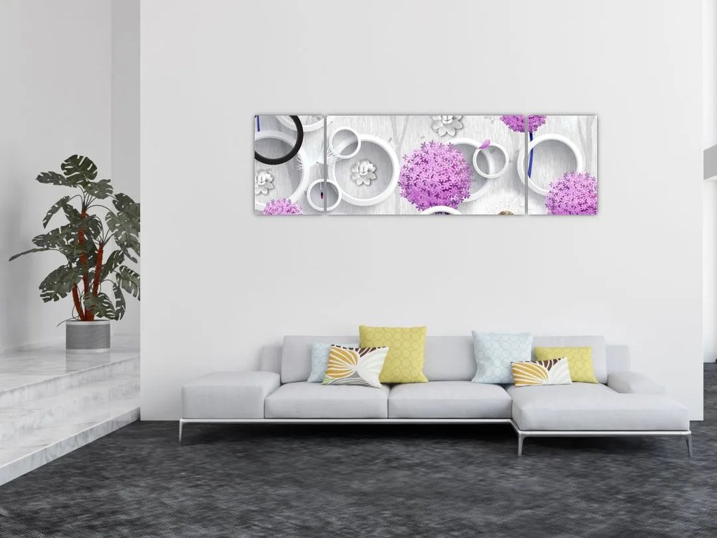 Obraz abstrakcji 3D z kołami i kwiatami (170x50 cm)