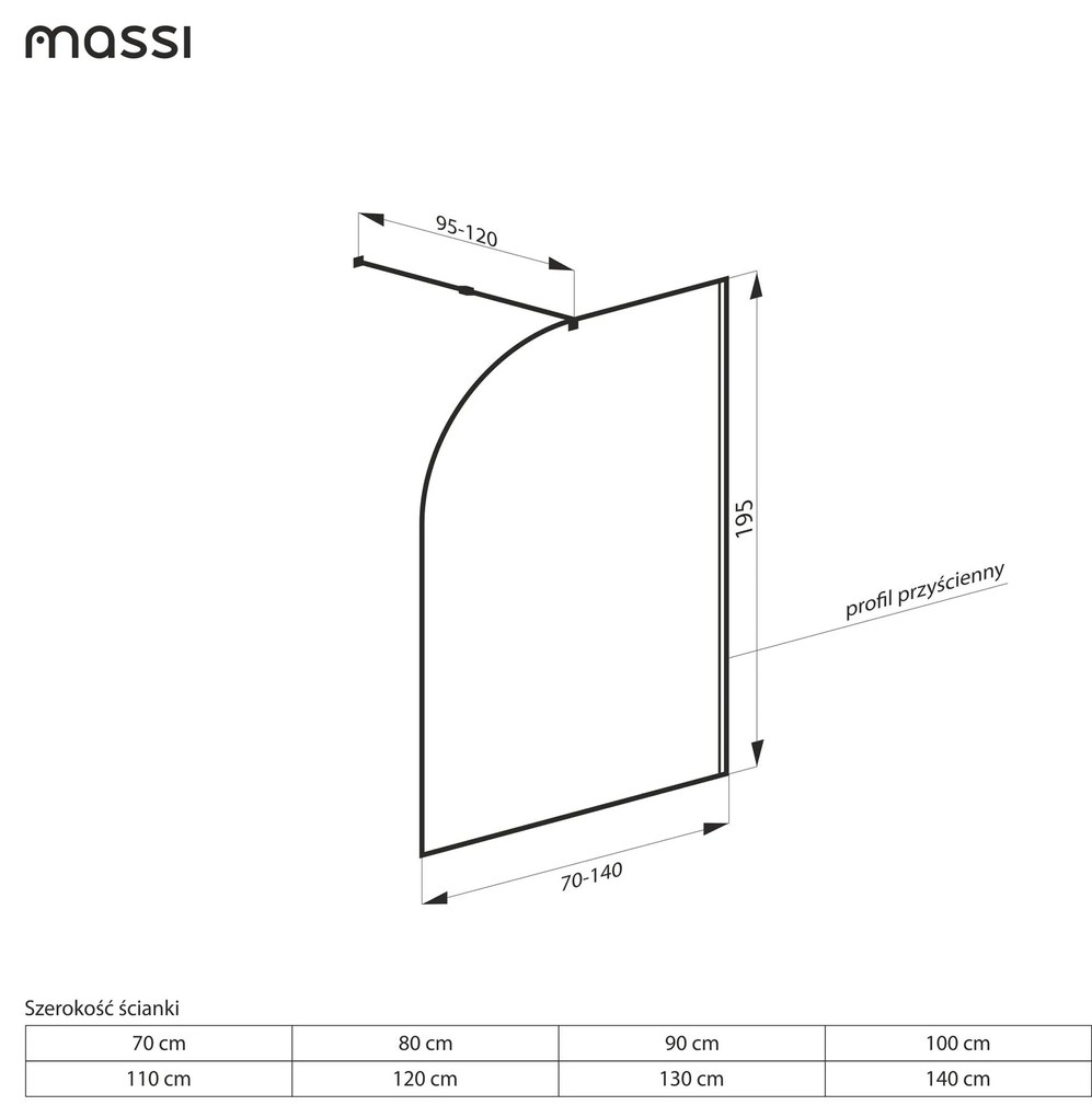 Ścianka prysznicowa WALK IN FIX brązowa półokrągła ryflowana 8mm ARTE WELLE Brown Moon MASSI | Różne rozmiary : Kolor profili kabiny - złoty, Szerokość ścianki - 110 cm , Typ montażu - WALK in FIX (Do ściany)