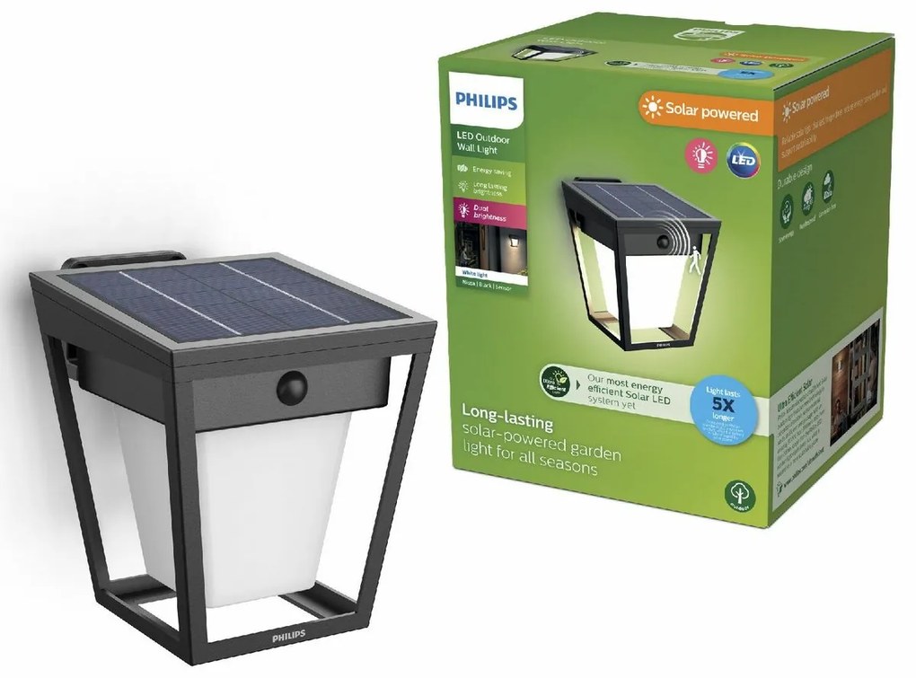 Philips Nissa UltraEfficient solarna lampa ściennaLED, czujnik, czarna, 1,8 W, 250/25 lm, 3000 K