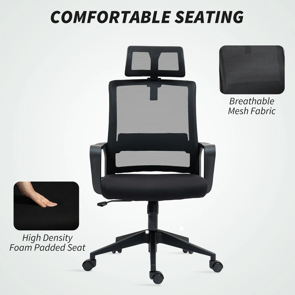 HOMCOM Fotel Biurowy, Regulowany Fotel z Podpórką Głowy, Obrotowe Krzesło do Home Office, Czarny