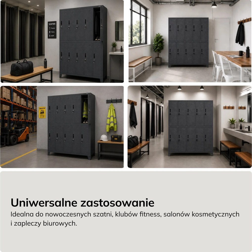 Szafka BHP ubraniowa, skrytkowa, perforowana, 10 skrytek, antracytowa, 1360x1720x450 mm: BARTEK PRO