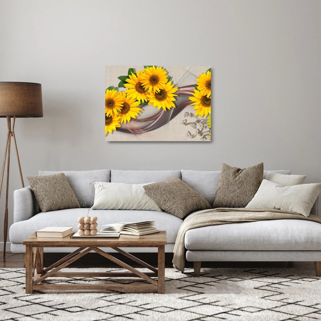 Obraz na szkle - Świecące kwiaty słonecznika (70x50 cm)