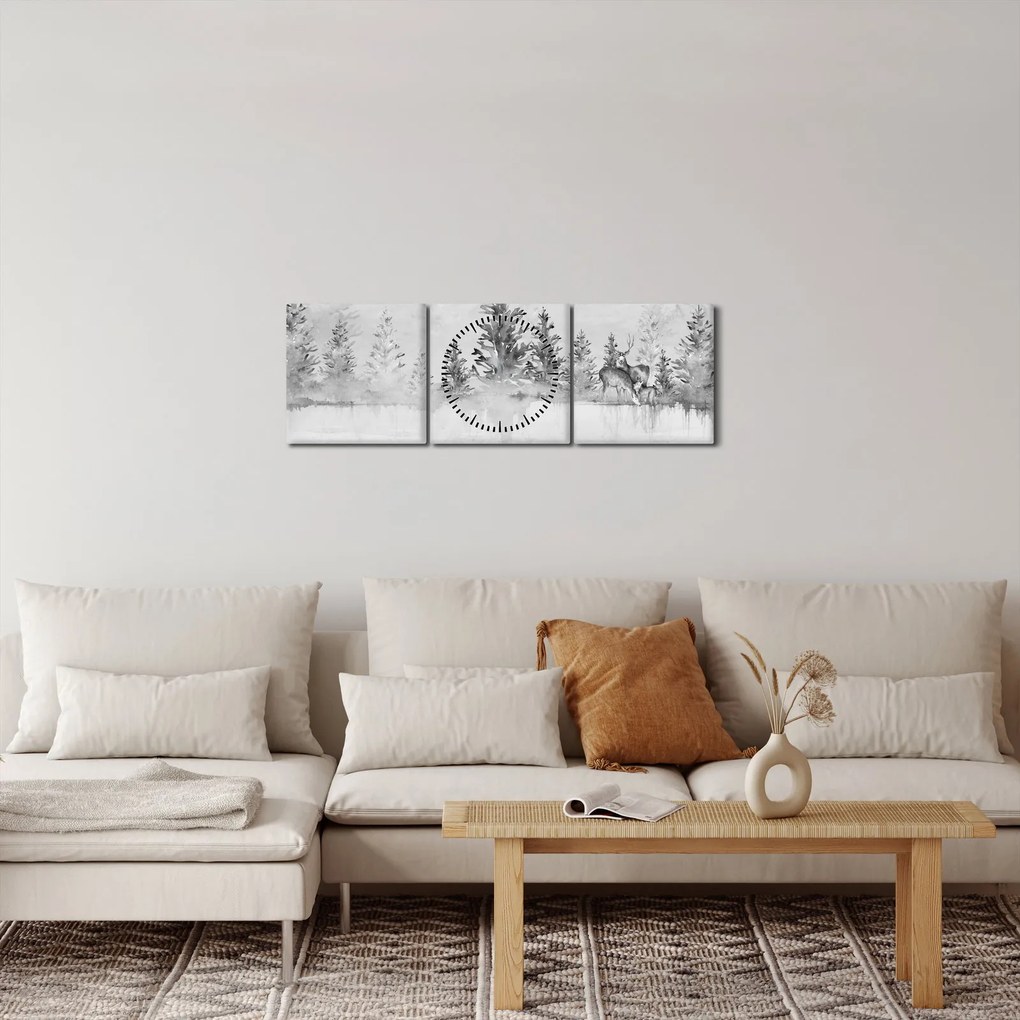 Obraz - Jeleń nad jeziorem (z zegarem) (90x30 cm)