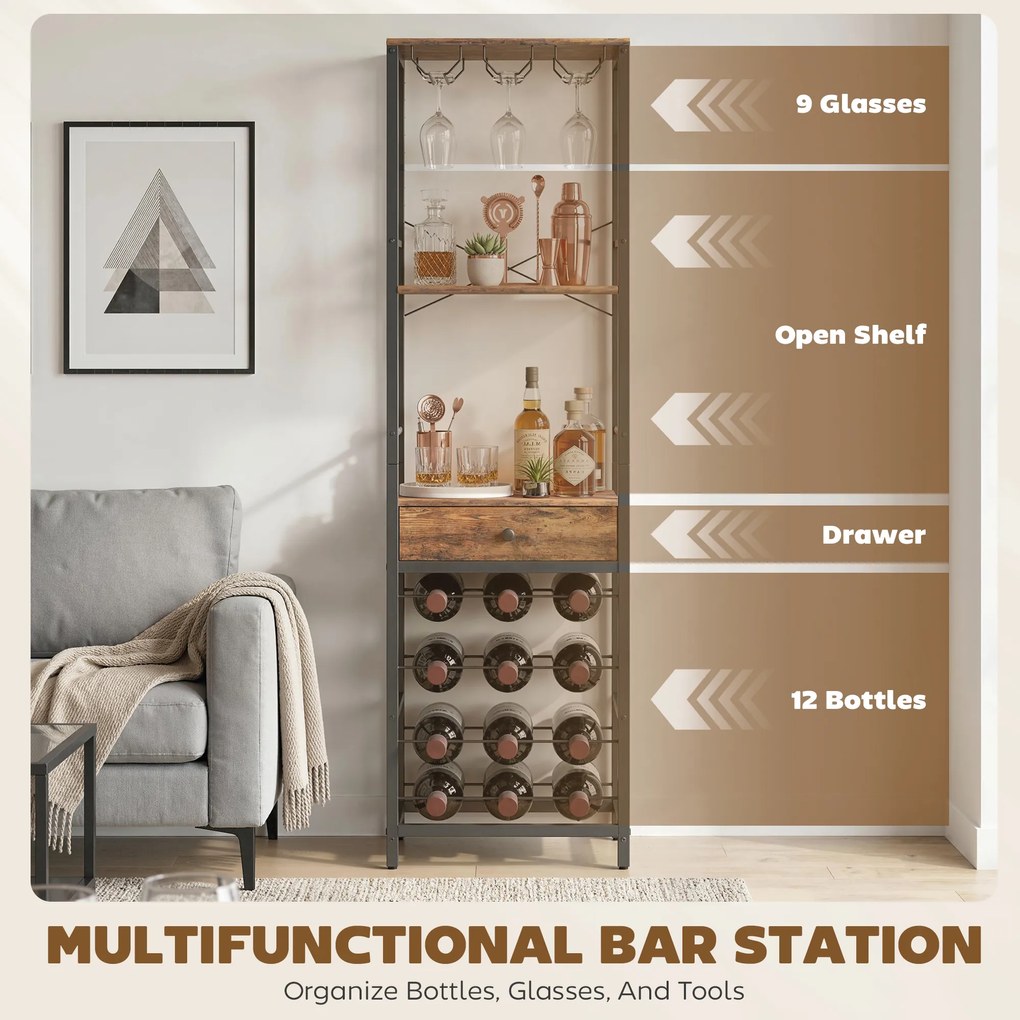 HOMCOM Szafka barowa z szufladą, przemysłowy barek, regał na 12 butelek, uchwyt na kieliszki, rustykalny brąz | Aosom PL