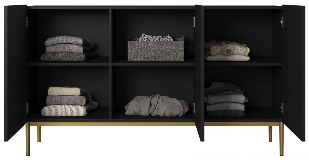 Komoda Nicole 150 cm trzydrzwiowa z ryflowanym frontem - czarny mat / złote nóżki