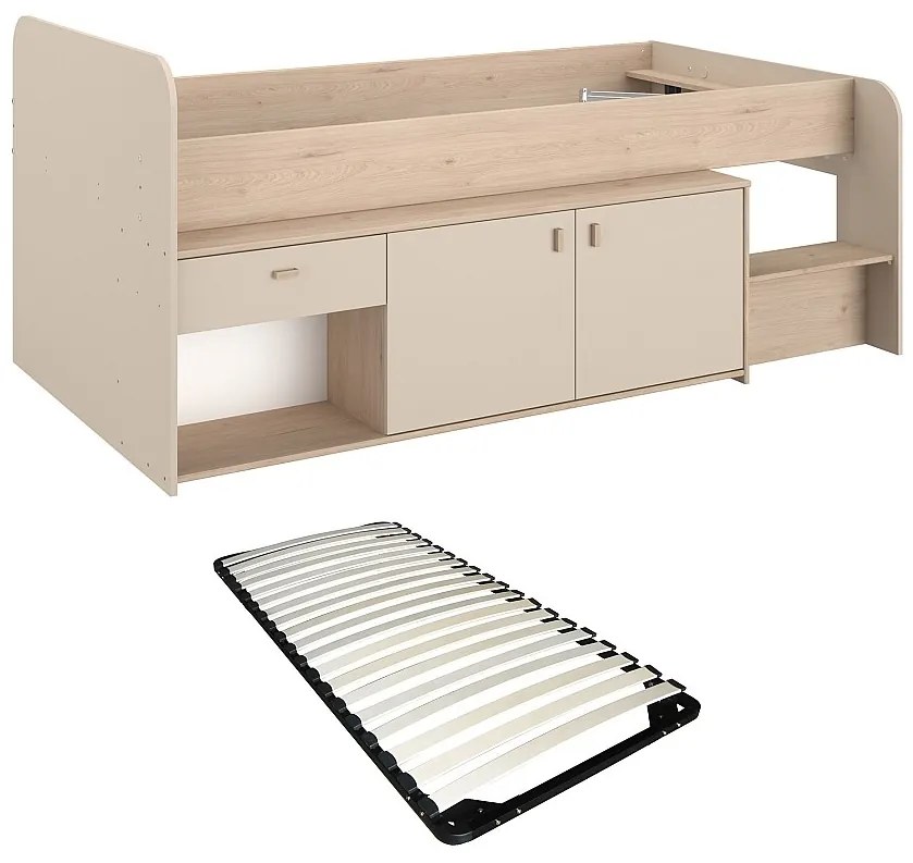 Łóżko podwyższone 90 x 190/200 cm ze skrzynią  - Beżowe i naturalne + Stelaż - LUNOBI