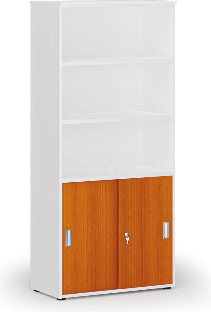 Szafa biurowa kombinowana PRIMO WHITE, drzwi przesuwne na 2 poziomach, 800 x 420 x 1781 mm, biały/wiśnia