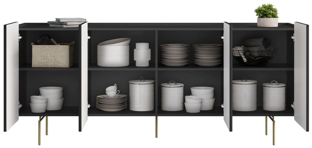 Komoda Malmi 200 cm czterodrzwiowa - czarny mat / złote nóżki