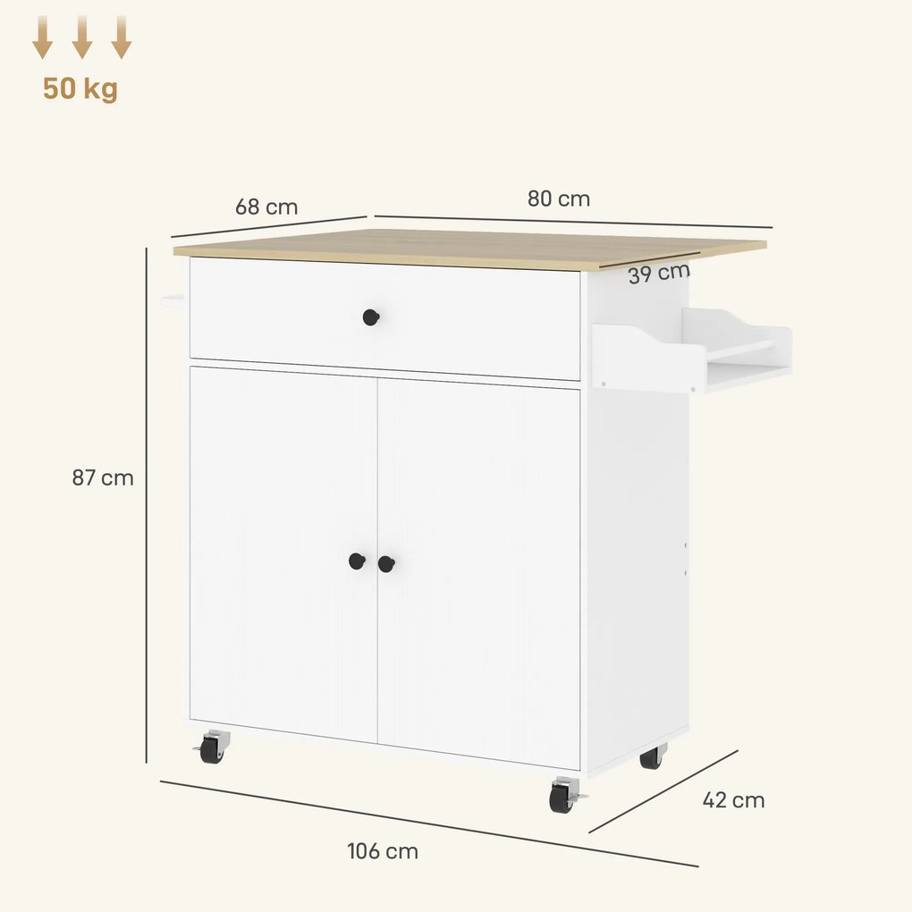 HOMCOM Wózek Kuchenny z Szufladą, Szafką, Uchwytem na Ręcznik, 106 x 42 x 87 cm, Biały/Dąb