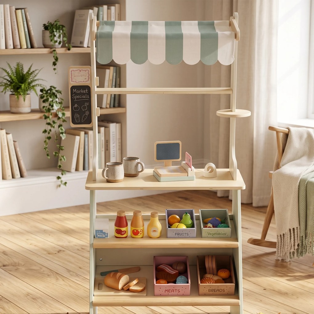 AIYAPLAY Stoisko supermarketowe dla dzieci, kasa do zabawy, 34 akcesoria, MDF, zielony
