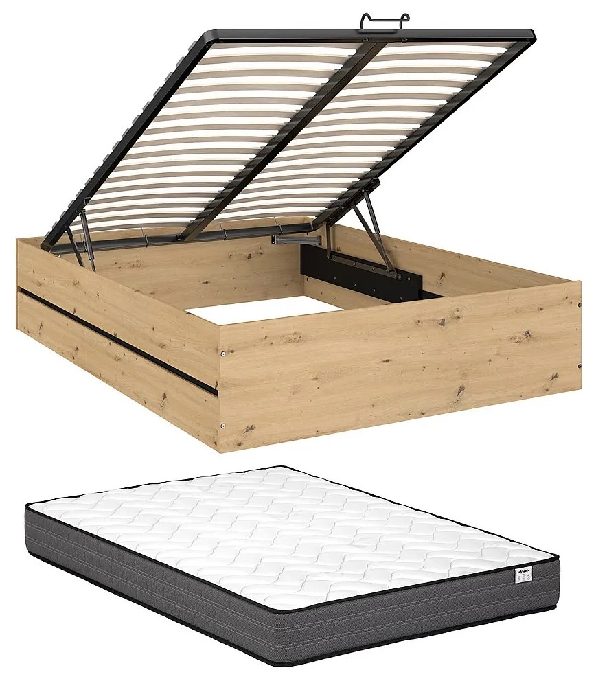 Łóżko ze skrzynią 140 x 190 cm - Naturalny i czarny + Materac - LUDARO