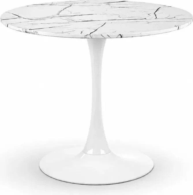 Stół okrągły Vejle 80 cm biały marmur – nowoczesny glamour, MDF, stalowa podstawa
