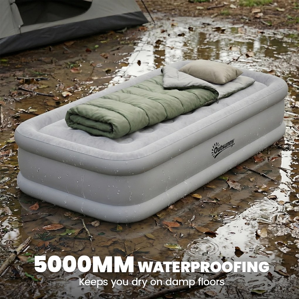 Outsunny Materac Dmuchany 1-osobowy Samopompujący Łóżko z Wbudowaną Elektryczną Pompką w 3 Minuty Flokowana Powierzchnia | Aosom PL