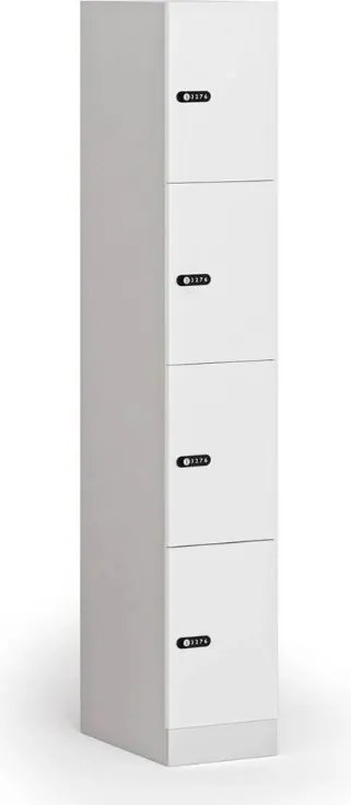 Szafka skrytkowa S1, 4 schowki, 1850 x 300 x 500 mm, demontaż, zamek mechaniczny z kodem, drzwi laminowane, biała