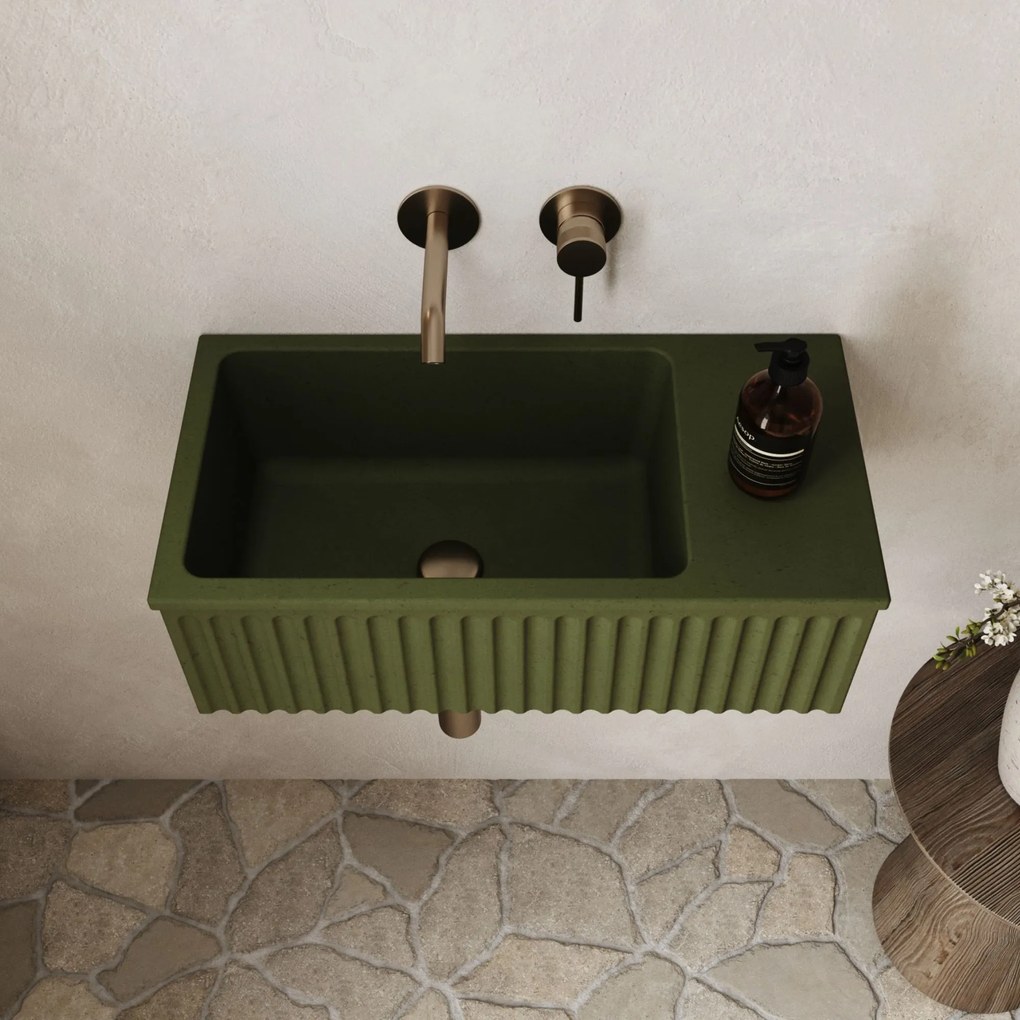 Umywalka betonowa ryflowana nablatowa / wisząca prostokątna 60 x 30 cm WELLE | różne kolory : Kolor - Oliwkowy, Typ montażu - podwieszana