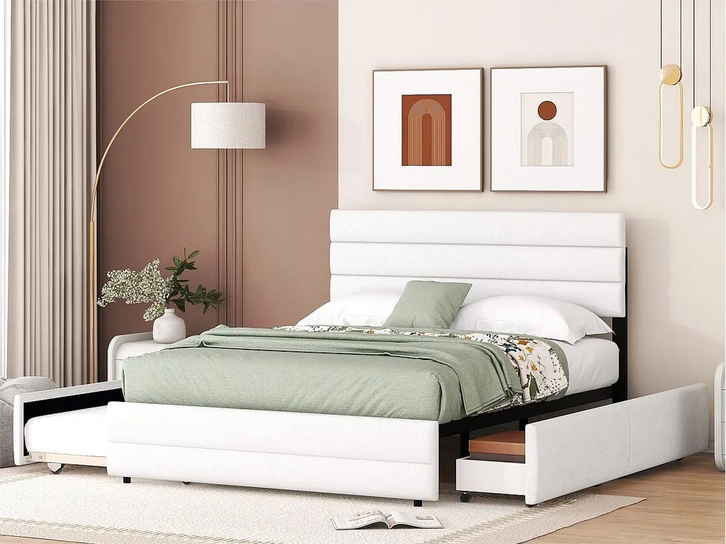 Łóżko dwuosobowe 140x200cm z tkaniny lnianej - z łóżkiem wysuwanym 90x190cm i 2 szufladami - regulowane wezgłowie - Białe