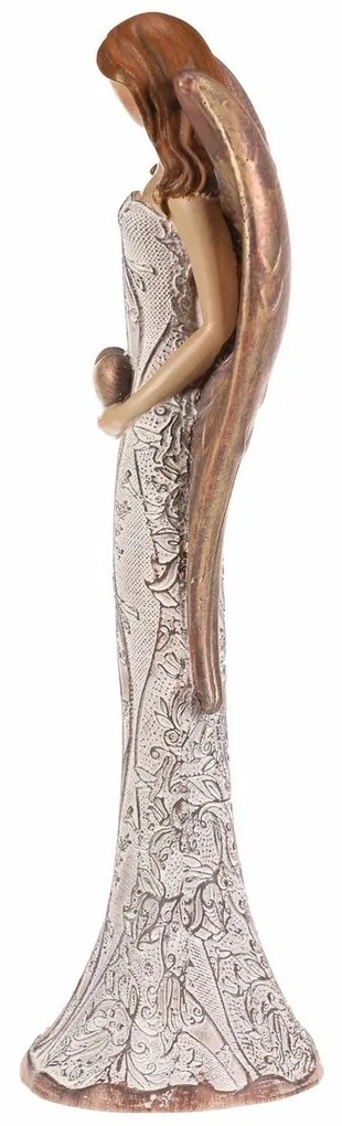 Anioł z poliresinu w sukni w kwiaty Serce, brązowo-miedziany