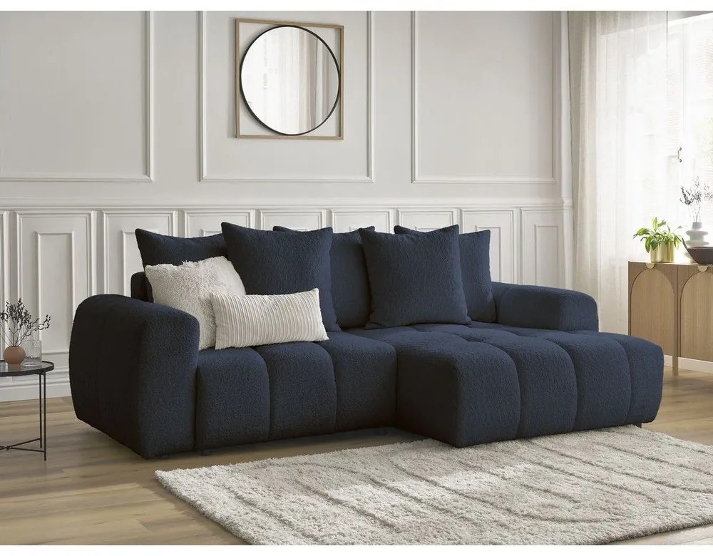 Niebieski rozkładany narożnik z materiału bouclé ze schowkiem (prawostronny/z szezlongiem) Roxelane – Bobochic Paris