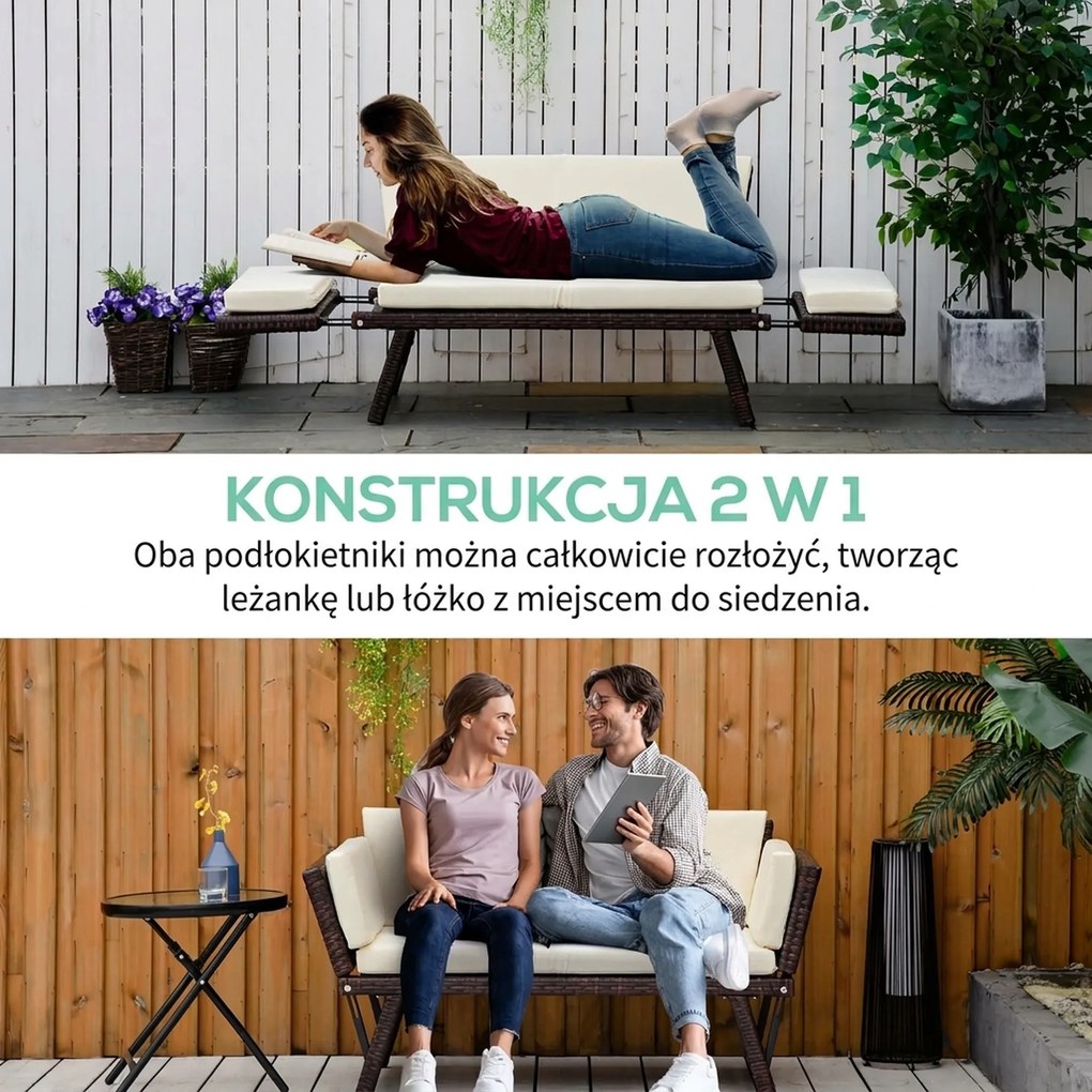 Outsunny Sofa ogrodowa 2-osobowa, technorattan, składane podłokietniki, stal, brązowa, 129x63x67cm | Aosom PL