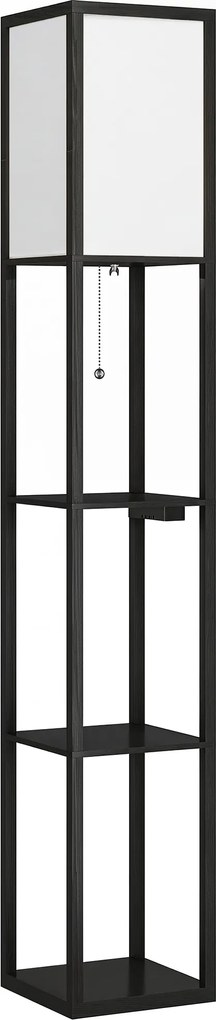 HOMCOM Lampa stojąca LED z półkami, ściemniana, przełącznik łańcuszkowy i gniazdka, czarna | Aosom PL