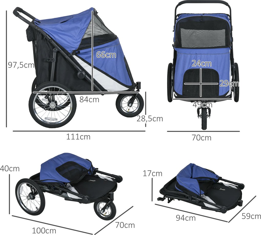 Outsunny Wózek dla Psa Składany Otwierany Dach Poduszka Niebieski Czarny | Aosom PL