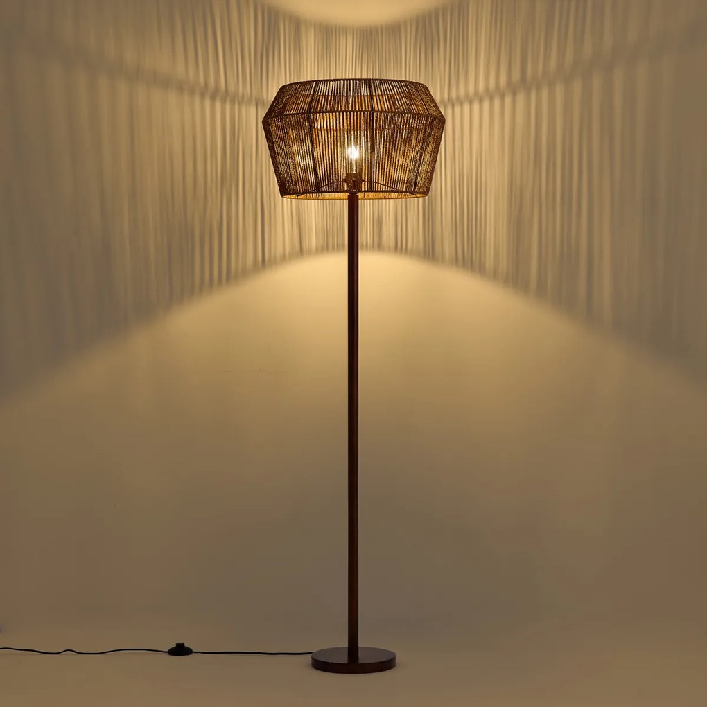 Lampa podłogowa drewno orzechowe z brązowym abażurem z papierowego sznurka 50/50/30 - Mels