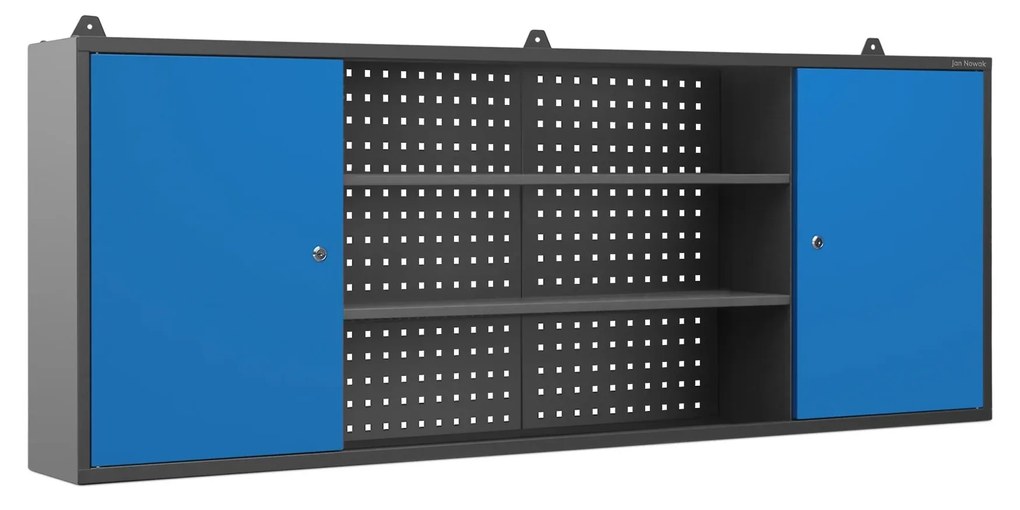 Szafka warsztatowa wisząca z perforowaną tablicą antracytowo-niebieska, 1600x600x200 mm: LEO