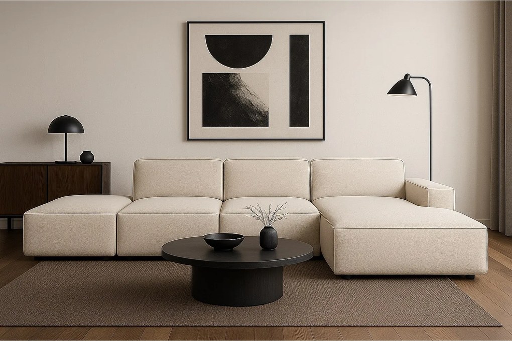 Narożnik modułowy Cursal C prawy z pufą – sofa narożna 341 x 166 x 70 cm, kremowy Raven 24, nowoczesny design