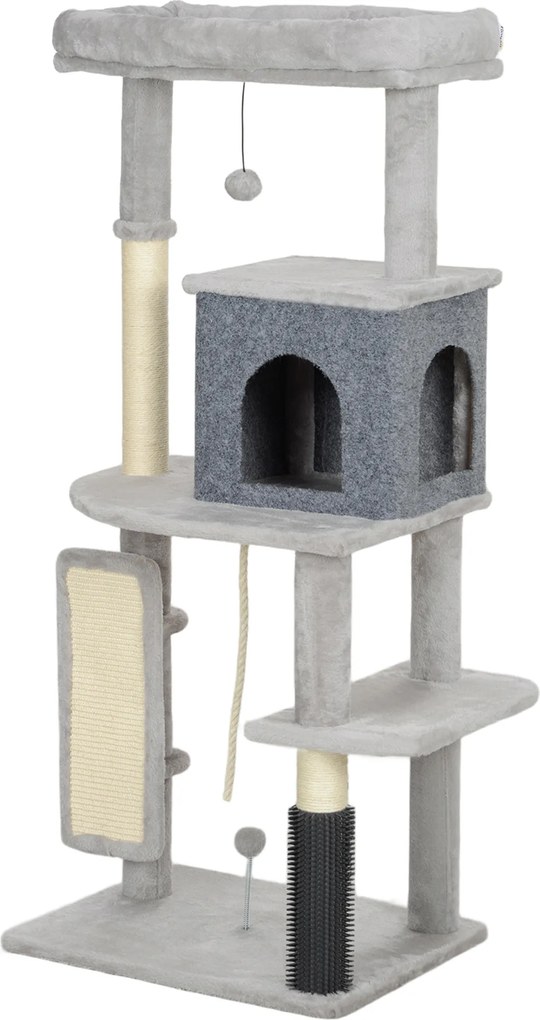 PawHut 132 cm Drapak dla Kotów z Słupkami do Drapania, Łóżkiem, Domkiem, Platformami do Skakania, Szczotką do Pielęgnacji, Jasnoszary