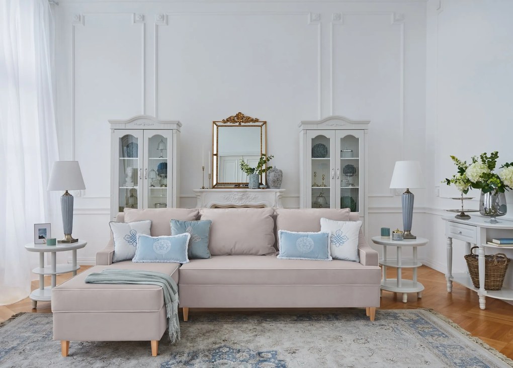 Narożnik rozkładany do salonu Notting Hill, z pojemnikami na pościel. Tkanina Matt Velvet odporna na wchłanianie płynów, kolor beżowy, błękitny, z kedrą.