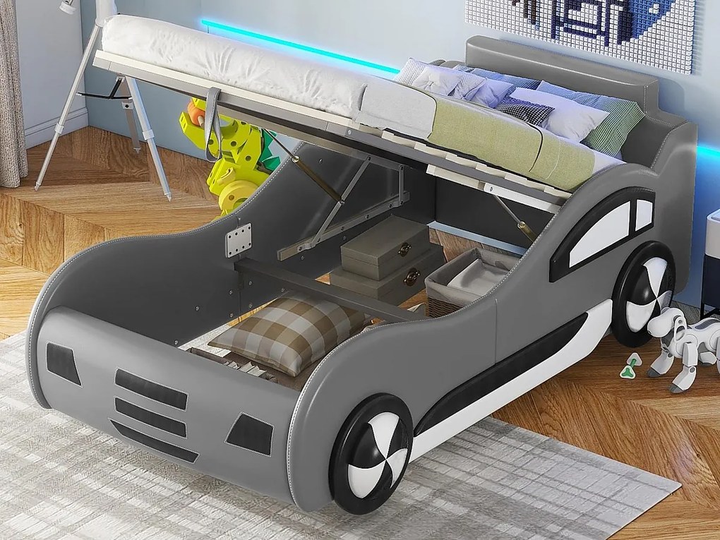 Łóżko samochodowe - łóżko z pojemnikiem z ekoskóry 90x200cm z stelażem na listwy - Szary
