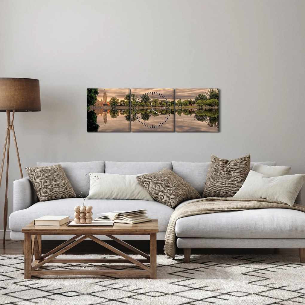 Obraz jeziora i drzew (z zegarem) (90x30 cm)