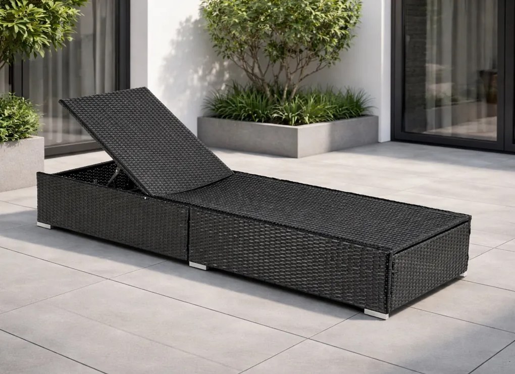 Leżak ogrodowy z regulowanym oparciem Brizo, czarny technorattan/brązowa poduszka