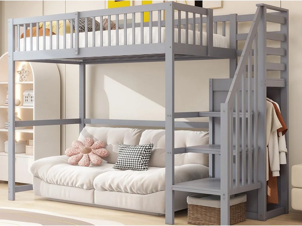 Łóżko drewniane antresola 90x200cm - z szafą - Szare