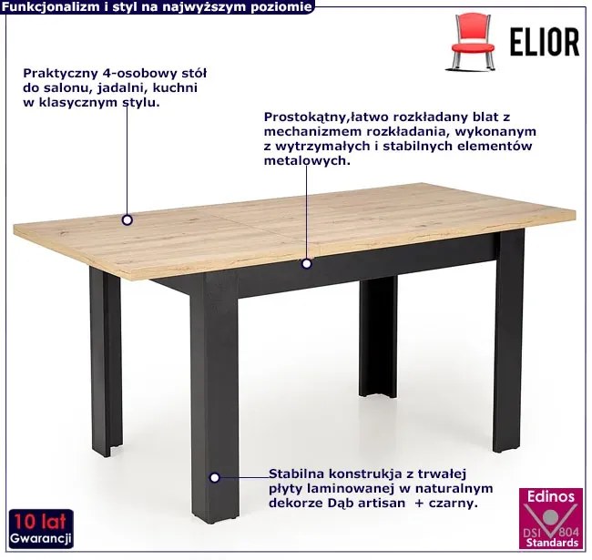 Klasyczny stół rozkładany dąb artisan + czarny- Emio