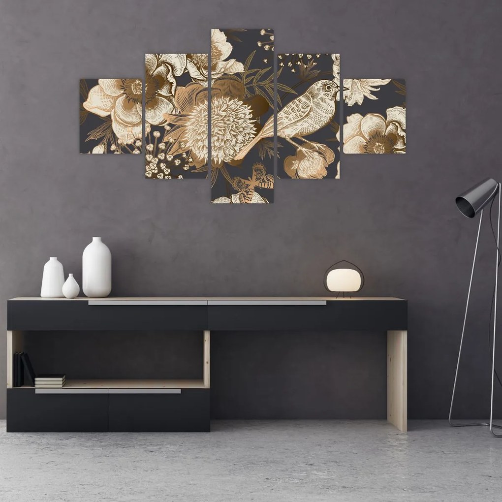Obraz złotych kwiatów na ciemnym tle (125x70 cm)
