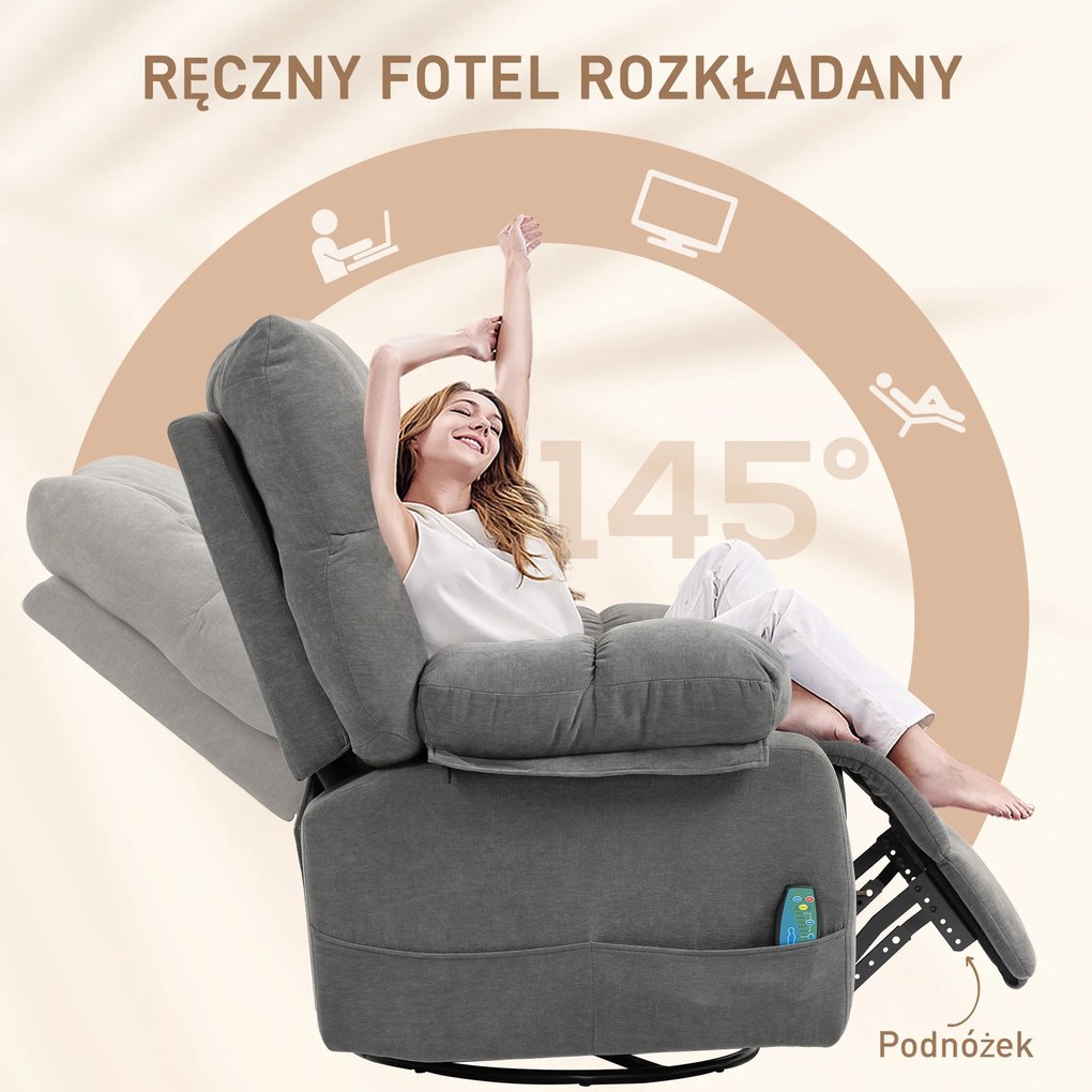 HOMCOM Fotel Relax z funkcją masażu, Regulowany obrotowy fotel masujący, 4 kieszenie boczne i pilot, Ciemnoszary