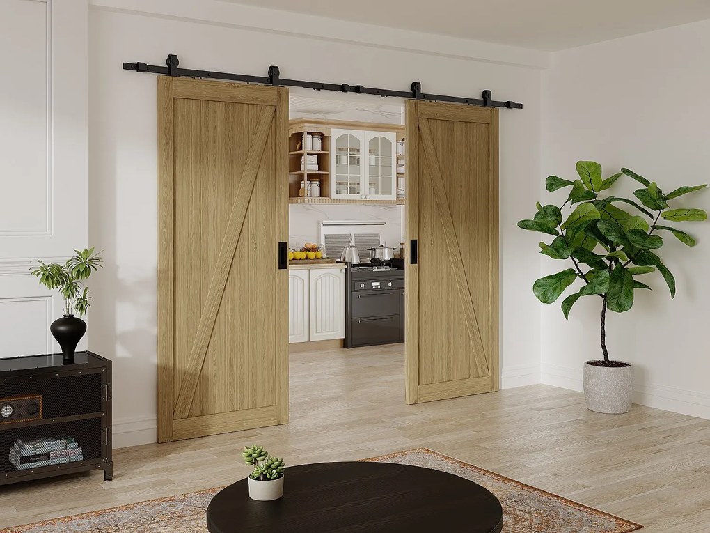 Drzwi przesuwne naścienne podwójne z drewna i MDF - Naturalny jasny - 2 x wys. 205 x szer. 93 cm - BALERMA