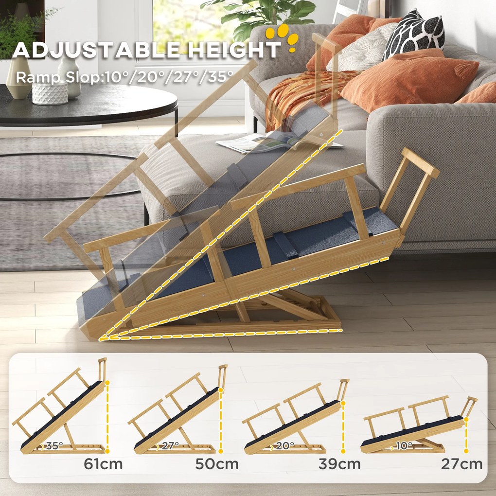 PawHut Rampa dla psów, regulowana wysokość, składana, poręcze, dla psów do 40kg, ramka z drewna, 85 x 40 x 78,5 cm, Czarny