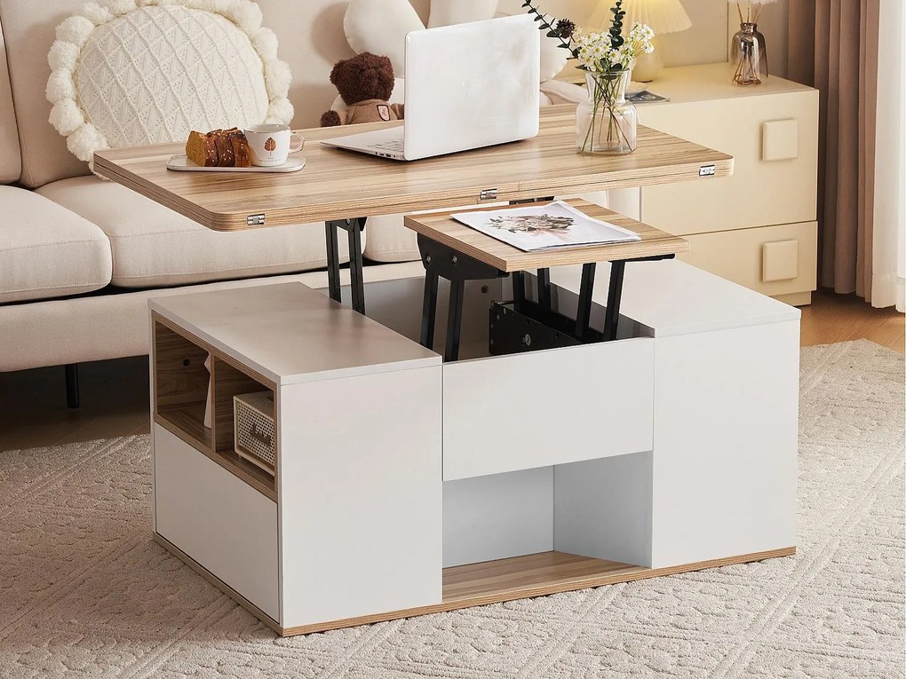 Wielofunkcyjny stolik kawowy podnoszony - biurko może zostać rozłożone na dwa stoły - Biały + Jasny naturalny