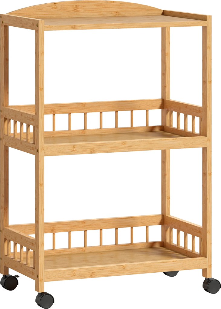 HOMCOM Wózek kuchenny na kółkach z 3 poziomami, wózek serwisowy z miejscem do przechowywania, regał kuchenny na kółkach, do kuchni, łazienki, biura, naturalne drewno | Aosom PL