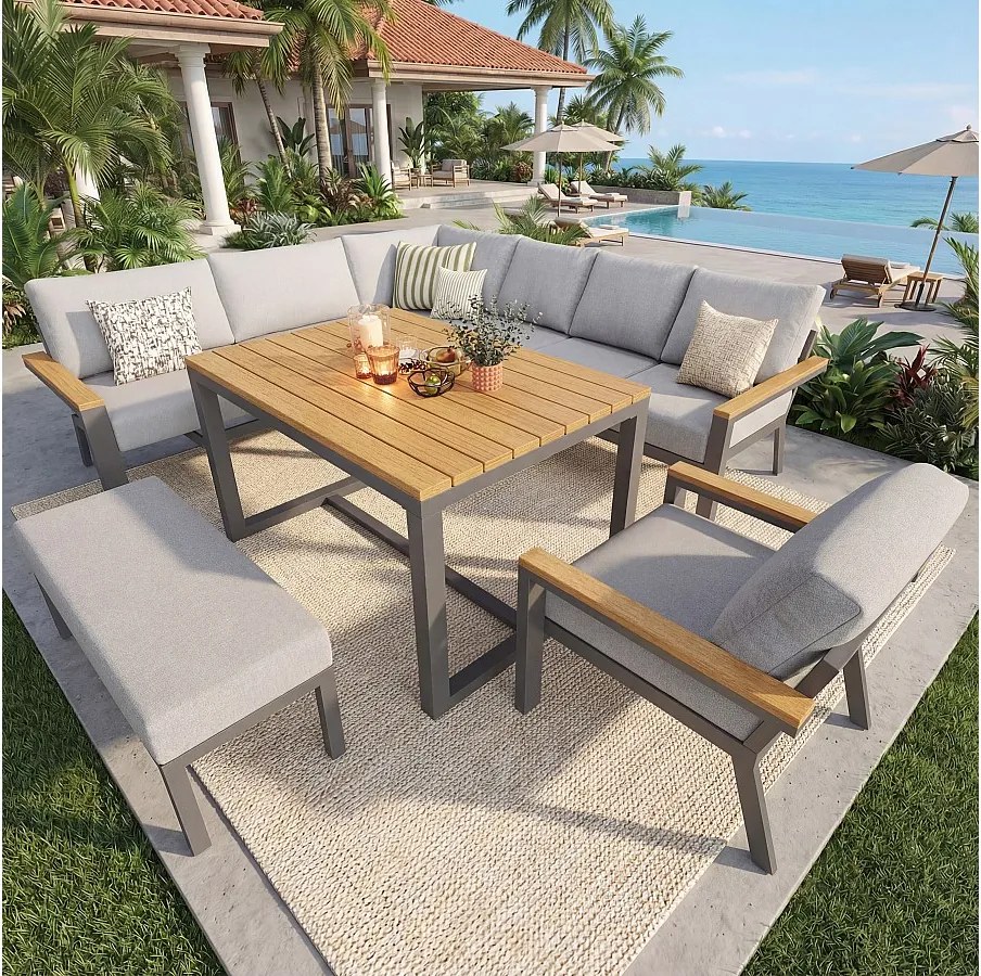 Salon ogrodowy, zestaw mebli z tworzywa drewnopodobnego na 6-8 osób - kanapa narożna - z żelaza ocynkowanego - 1 fotel - ławka, Szary