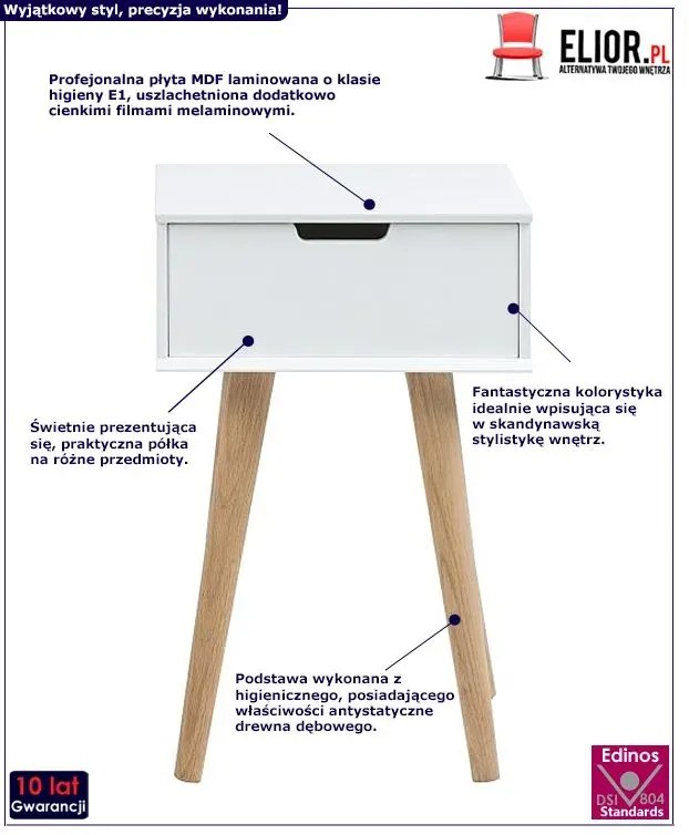 Biały stolik nocny z szufladą w stylu skandynawskim Wilox